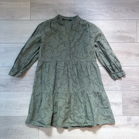 Zara Olive Green Eyelet Dress - Picture 2 of 10
